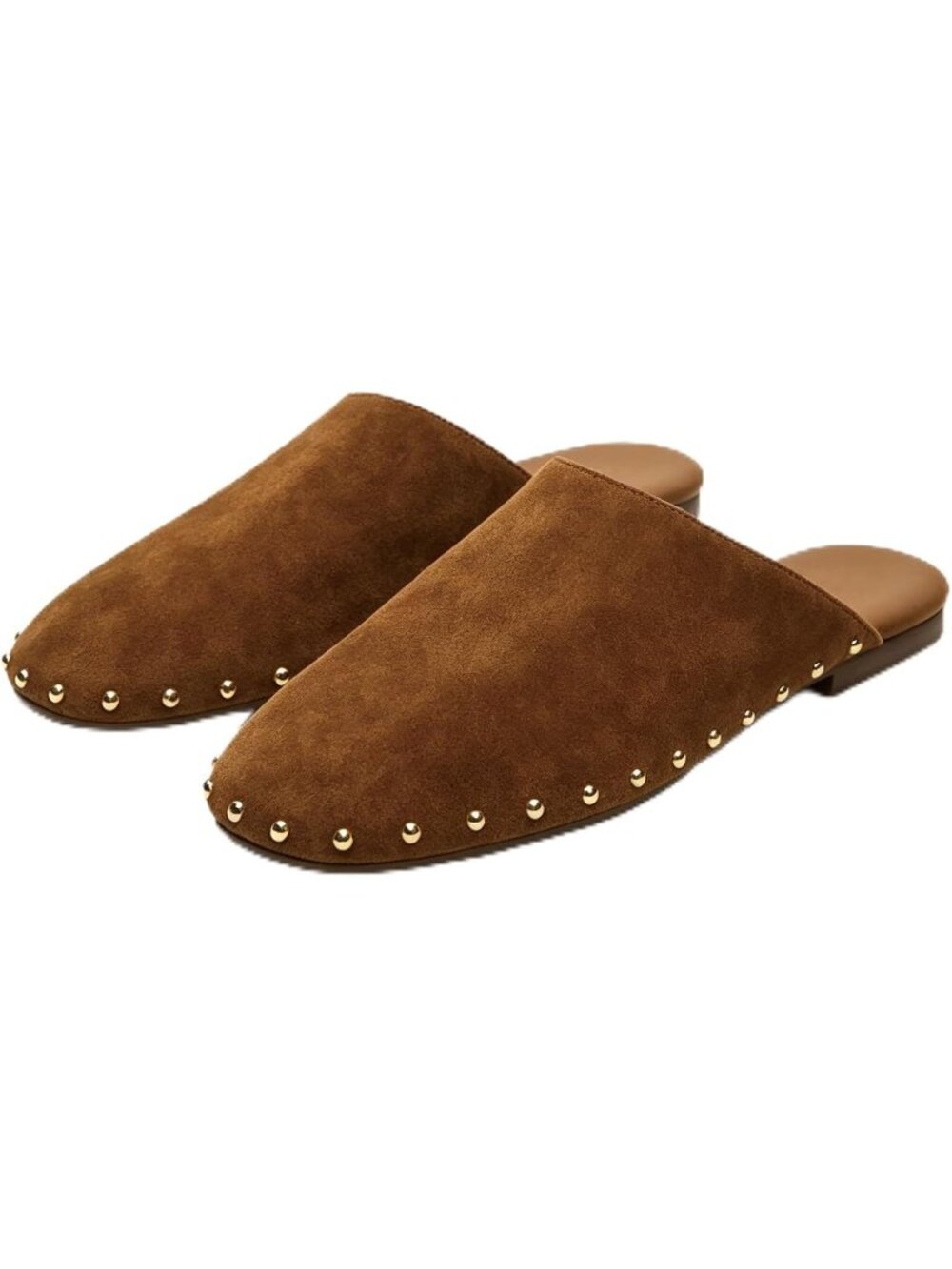 Women's Brown Mules Comfortable Flats with Studded Backless Slip On Round
